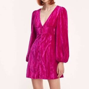 New Cider Velvet Solid Long Bishop Sleeve Deep V Neck Mini Dress Hot Pink, Sz M